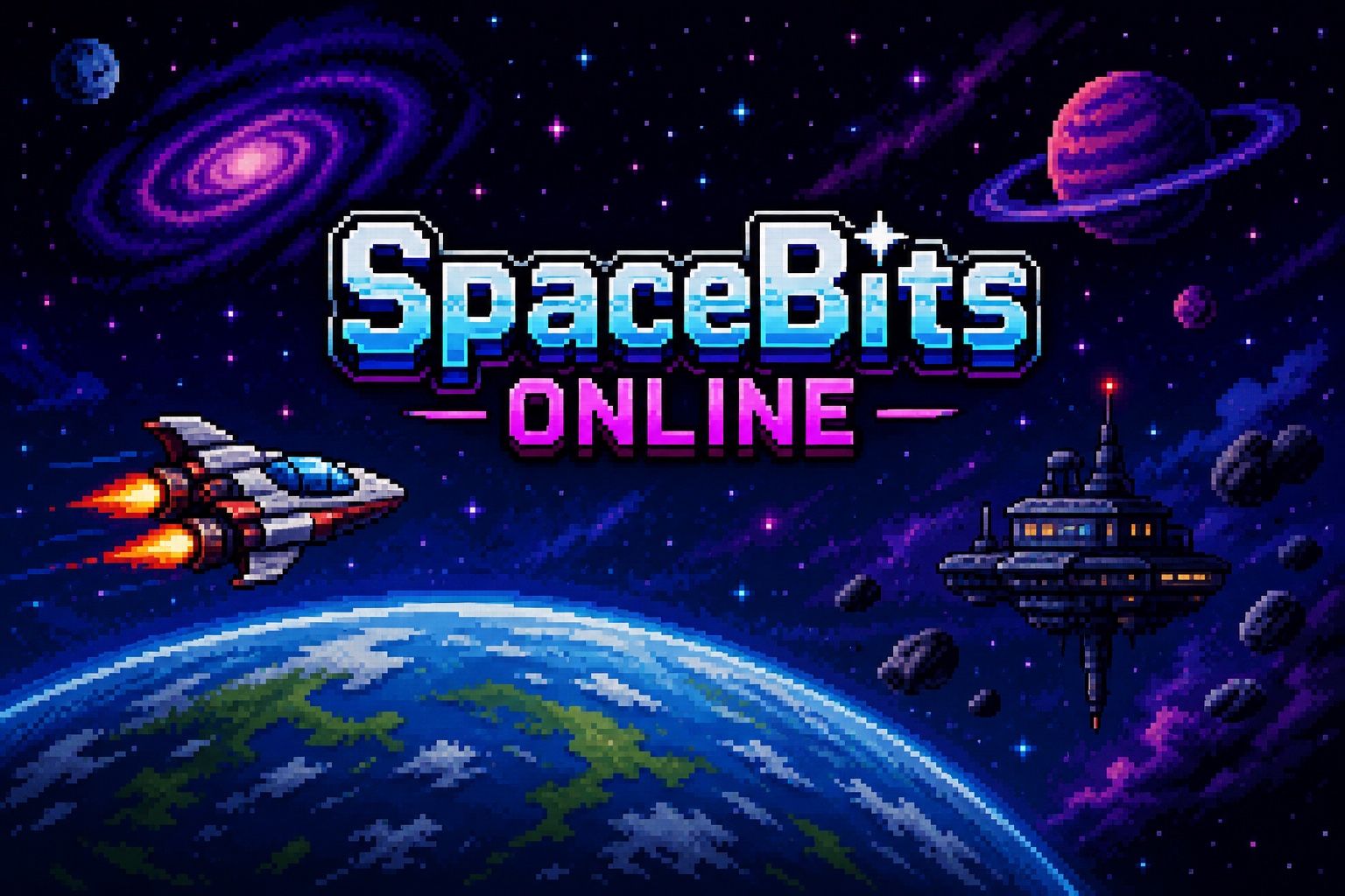 SpaceBits Online pixel-art space scene with spaceship, planets and station